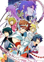  6+boys androgynous andromeda_shun aquarius_camus aries_shion armor black_hair blonde_hair blue_eyes brown_hair cancer_death_mask capricorn_shura chains clenched_hand closed_eyes commentary_request cygnus_hyouga dragon_shiryuu female gemini_saga green_hair headband highres k2guui kido_saori libra_douko long_hair multiple_boys open_mouth pegasus_koga pegasus_seiya phoenix_ikki photoshop_(medium) pink_armor purple_hair red_eyes red_hair saint_seiya saint_seiya_omega short_hair staff 