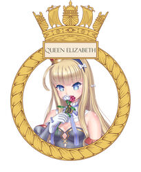  azur_lane badge bare_shoulders blonde_hair blue_eyes bow breasts character_name commentary_request covering_own_mouth crown female flower gloves hairbow long_hair looking_at_viewer mini_crown queen_elizabeth_(azur_lane) royal_navy self-upload small_breasts solo white_gloves yamikota 