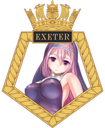  badge bare_shoulders breasts character_name commentary_request covered_nipples crown exeter_(warship_girls_r) female headband large_breasts long_hair looking_at_viewer purple_eyes purple_hair royal_navy self-upload union_jack warship_girls_r yamikota 