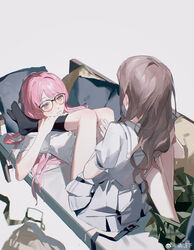  2girls absurdres bang_dream! bang_dream!_it&#039;s_mygo!!!!! black-framed_eyewear black_socks blue_eyes blush brown_hair chihaya_anon chinese_commentary closed_mouth clothes_pull commentary_request couch facing_away from_above glasses green_necktie green_skirt grey_background grey_jacket grey_skirt hair_spread_out hand_on_own_thigh hands_on_another&#039;s_leg hands_up haneoka_school_uniform highres jacket jitome kneehighs knees_up leg_lock long_hair looking_at_another lying miniskirt multiple_girls nagasaki_soyo necktie no_shoes on_back on_couch partially_unbuttoned pillow pink_hair pleated_skirt qing_yan_xia sailor_collar school_uniform serafuku shirt short_sleeves simple_background sitting skirt skirt_pull socks sweatdrop tsukinomori_school_uniform unworn_jacket unworn_necktie wavy_hair weibo_watermark white_sailor_collar white_shirt yuri 