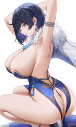  abpart absurdres armlet armpits arms_up artist_name ass bare_shoulders black_footwear blue_hair blush breasts diagonal_bangs earrings female from_behind genshin_impact green_eyes highres jewelry large_breasts looking_at_viewer looking_back mole mole_on_breast parted_lips short_hair smile solo thighs vision_(genshin_impact) yelan_(genshin_impact) 