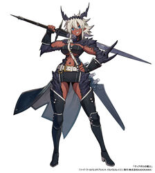  belt blue_eyes boots breasts dark-skinned_female dark_skin dragon_girl dragon_horns fantasy female fingerless_gloves fingernails full_body gloves grey_hair grin hand_on_own_hip highres holding holding_sword holding_weapon horns kuroi_susumu large_breasts looking_at_viewer nail_polish official_art over_shoulder pelvic_curtain pointy_ears scales sharp_fingernails short_hair smile solo standing strapless sword sword_world_2.5 tachi-e thigh_boots tube_top waist_cape weapon weapon_over_shoulder white_background wind wind_lift zweihander 