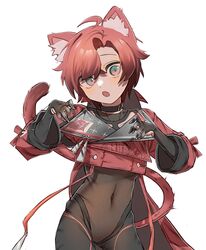  1boy ahoge amain_dudu animal_ear_fluff animal_ears black_choker black_gloves blush cat_boy cat_ears cat_tail choker claw_pose covered_navel cropped_jacket gloves hair_between_eyes highres holostars holostars_english jacket looking_at_viewer machina_x_flayon machina_x_flayon_(1st_costume) male_focus oerba_yun_fang open_mouth red_eyes red_hair red_jacket revealing_clothes short_hair solo standing strap tail tight_clothes upper_body virtual_youtuber white_background 