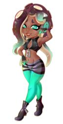  2017 5_fingers absurd_res alpha_channel animal_humanoid boots breasts cephalopod cephalopod_humanoid cleavage clothed clothing dark_body dark_skin electronics eyebrows eyelashes female fingerless_gloves fingers footwear gloves green_eyes handwear headphones hi_res humanoid jacket lipstick looking_at_viewer makeup makkochi marina_(splatoon) marine marine_humanoid markings mole_(marking) mollusk mollusk_humanoid navel navel_piercing navel_stud nintendo octarian octoling piercing pseudo_hair smile solo splatoon suction_cup tentacle tentacle_hair text topwear wide_hips 