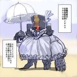  1boy armor charles_babbage_(fate) commentary_request crossdressing dress fate/grand_order fate_(series) gradient_background kita_9999 male_focus parasol simple_background solo translation_request umbrella white_dress 