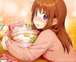  artist_name bad_link blush bow bowl brown_hair cardigan ear_blush egg female food ham highres hug instant_ramen kawai_makoto koufuku_graffiti long_hair long_sleeves machiko_ryou noodles nose_blush official_art open_mouth outline pack_noodles pink_eyes ramen school_uniform solo steam sweatdrop upper_body watermark 