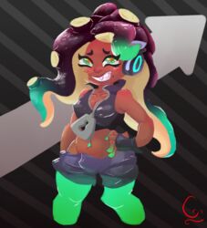  animal_humanoid boots cephalopod cephalopod_humanoid clothing dark_body dark_skin female fingerless_gloves footwear gloves green_eyes handwear humanoid marina_(splatoon) marine marine_humanoid markings mole_(marking) mollusk mollusk_humanoid navel navel_piercing navel_stud nintendo octarian octoling piercing pseudo_hair sharp_teeth solo splatoon suction_cup teeth tentacle tentacle_hair thebonezonedeluxe 