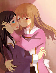  2girls bad_source black_hair blue_eyes blush closed_mouth couple dress embarrassed gradient_background hachiko_(hati12) hug imminent_kiss light_brown_hair long_hair long_sleeves looking_at_another looking_at_viewer looking_back meister_otome_uniform multiple_girls my-otome natsuki_kruger open_mouth pink_dress red_eyes shade shizuru_viola shy sidelocks smile standing swept_bangs yuri 