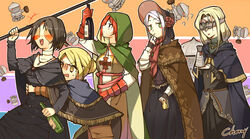  1boy 5girls :d ? alcohol anastacia_of_astora barrel black_hair blindfold blonde_hair bloodborne blush blush_stickers bonnet bottle brown_hair cape cherry_(10013717) chibi choker commentary company_connection conga_line crossover cup dark_souls_(series) dark_souls_i dark_souls_ii dark_souls_iii demon&#039;s_souls dress drunk emerald_herald fire_keeper from_software gloves hair_bun highres hood hug hug_from_behind indian_style jewelry liquor long_hair maiden_in_black messy_hair mug multiple_girls necklace open_mouth plain_doll red_hair sake_bottle scarf short_hair siegward_of_catarina single_hair_bun sitting smile sweatdrop tabard wavy_mouth white_hair wine_bottle 