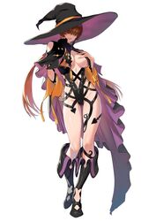  azuma_kyoutarou_(artist) boots breasts brown_hair cape cleavage female hair_over_eyes hat highres large_breasts lipstick long_hair makeup parted_lips shermie snk snk_heroines:_tag_team_frenzy solo standing the_king_of_fighters unzipped witch witch_hat zipper 