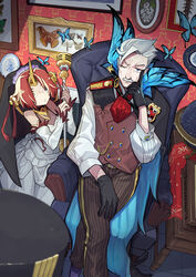  1boy absurdres animal armchair bare_shoulders belt belt_buckle black_cape blue_eyes breasts bridal_veil brown_pants buckle bug butterfly cape chair charles_babbage_(fate) choker cleavage commentary_request facial_hair fate/apocrypha fate/grand_order fate_(series) female flower frankenstein&#039;s_monster_(fate) gloves grey_hair heterochromia highres holding holding_weapon horns james_moriarty_(archer)_(fate) mechanical_horns moustache pants pink_hair rose see-through see-through_cleavage sen-jou single_horn sitting veil weapon white_flower white_gloves white_rose 