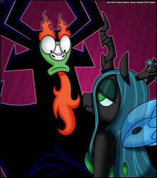  2013 aku anthro arthropod cartoon_network changeling crossover crown demon duo fangs female flaming flirting friendship_is_magic green_eyes green_hair hair hasbro headgear horn insect_wings long_hair magic_user male my_little_pony queen queen_chrysalis_(mlp) royalty samurai_jack teeth verona7881 wings 