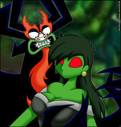  2012 aku blurred_background breasts cartoon_network demon duo ear_piercing female fusionfall green_background green_body green_hair green_skin hair long_hair male mouthless no_pupils not_furry piercing red_eyes samurai_jack simple_background verona7881 