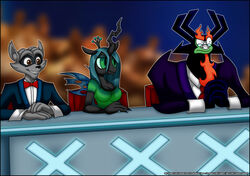  2013 aku anthro anthrofied arthropod black_tie_(suit) breasts britain&#039;s_got_talent changeling clothing crossover eyewear female fire friendship_is_magic glasses group hasbro horn judge male mammal my_little_pony procyonid queen_chrysalis_(mlp) raccoon royalty samurai_jack show sly_cooper sly_cooper_(series) sony_corporation sony_interactive_entertainment sucker_punch_productions suit verona7881 xxx 