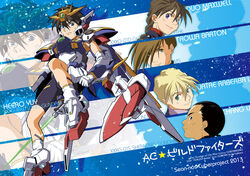  5boys armor armored_boots bike_shorts black_eyes black_hair black_shorts blonde_hair boots braid brown_hair chang_wufei character_name commentary_request cosplay cover cover_page doujin_cover duo_maxwell eyes_visible_through_hair green_eyes gundam gundam_wing hair_slicked_back headpiece heero_yuy highres kamibata_yuuma long_hair looking_at_viewer male_focus mecha_danshi mechanical_parts multiple_boys quatre_raberba_winner short_hair shorts single_braid sword trowa_barton weapon wing_gundam wing_gundam_(cosplay) zoom_layer 