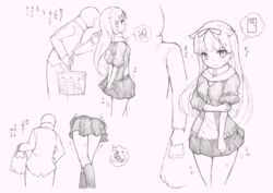  1boy admiral_(kancolle) arms_behind_back averting_eyes bag blush commentary_request diamond_(shape) door door_handle female from_behind greyscale hair_ornament hair_ribbon hairclip have_to_pee highres jacket kantai_collection kneehighs koorimizu long_hair long_sleeves looking_back monochrome multiple_views own_hands_together pants pleated_skirt ribbon scarf shirt shopping shopping_bag simple_background skirt smile socks squat_toilet standing sweat t-head_admiral text_focus toilet toilet_symbol traditional_media translation_request trembling yuudachi_(kancolle) 