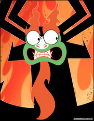  2012 aku ambiguous_gender big_eyes black_border border demon eyebrows fire flaming_eyebrows magic_user not_furry reaction_image samurai_jack solo teeth toony verona7881 wide_eyed 