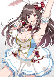  animal_ears arm_up armband armpits bandeau bare_shoulders blush breasts brown_hair chains cleavage collar commentary_request crop_top cross-laced_clothes cross-laced_top detached_collar eyes_visible_through_hair fake_animal_ears female frilled_armband frilled_collar frilled_cuffs frilled_skirt frills grey_background holding holding_microphone idolmaster idolmaster_shiny_colors large_breasts long_hair looking_at_viewer microphone namakemono_(u446644k) navel open_mouth parted_bangs pom_pom_(clothes) rabbit_ears red_ribbon ribbon shiny_skin skirt smile solo strapless tsukioka_kogane two-tone_background white_background white_skirt wrist_cuffs 