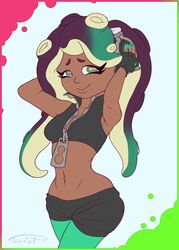  animal_humanoid breasts cephalopod cephalopod_humanoid clothed clothing dark_body dark_skin electronics eyebrows eyelashes female fingerless_gloves gloves green_eyes handwear headphones hi_res humanoid jacket looking_at_viewer marina_(splatoon) marine marine_humanoid markings midriff mole_(marking) mollusk mollusk_humanoid navel navel_piercing navel_stud nintendo octarian octoling piercing pseudo_hair simple_background smile solo splatoon suction_cup tentacle tentacle_hair topwear twistedlilheart wide_hips zipper 