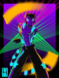  abs anthro belt black_hair bondage_pants bottomwear chest_tuft clothed clothing collar dancing felid fur glowing glowstick glowsticking glowstringing hair male mammal muscular muscular_anthro muscular_male pantherine pants purple_body purple_eyes purple_fur rave raver sapphwolf smile solo tiger topless tuft 