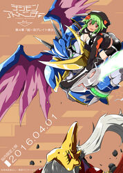  armor ass bandai barbamon battle bikini_top blue_armor breasts chibi demon digimon digimon_adventure_tri. digimon_story:_cyber_sleuth digimon_world_re:digitize dragon energy female female flying full_armor green_hair horns looking_at_viewer mask monster n36hoko parody royal_knights seven_great_demon_lords shinomiya_rina sweater sword ulforceveedramon weapon wings 