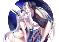  2girls bikini blue_eyes breasts cleavage commentary_request company_connection crossover dodonpachi dodonpachi_saidaioujou ere_(2516325) gothic_wa_mahou_otome large_breasts licking long_hair maria_(saidaioujou) multiple_girls purple_eyes rosalie_(gothic_wa_mahou_otome) shiny_skin side-tie_bikini_bottom silver_hair small_breasts strap_pull swimsuit twintails white_hair 