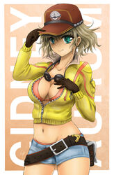  baseball_cap belt bikini blonde_hair bra breasts cidney_aurum cropped_jacket denim denim_shorts final_fantasy final_fantasy_xv gloves goggles goggles_around_neck green_eyes hat hips hotpants jacket kiteh4ck short_hair shorts simple_background smile solo swimsuit unzipped 