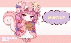  artist_name bad_id bad_pixiv_id chipmunk_tail commentary_request crescent crescent_hat_ornament double_bun dress female hair_bun hair_ribbon hat hat_ornament head_tilt long_hair mashiro_miru mini_person minigirl mob_cap mukyuu patchouli_knowledge purple_hair ribbon robe romaji_text slippers solo speech_bubble striped_background striped_clothes striped_dress touhou tress_ribbon two_side_up very_long_hair walnut 