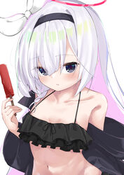  bare_shoulders bikini black_bikini black_eyes black_hairband blue_archive blush braid breasts closed_mouth collarbone colored_inner_hair female food frilled_bikini frills grey_hair hair_between_eyes hairband halo highres holding holding_food long_hair looking_at_viewer multicolored_hair off_shoulder osmium-76 parted_lips pink_hair plana_(blue_archive) popsicle red_halo simple_background single_braid small_breasts solo stomach swimsuit upper_body white_background 