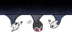  2024 2_horns ambiguous_gender bat belfly_(hollow_knight) black_eyes black_horn ceiling digital_media_(artwork) facial_markings grimmchild_(hollow_knight) group hanging_by_tail head_markings hi_res hollow_knight horn looking_at_another maci_lena mammal markings on_ceiling question_mark red_eyes signature simple_background tail team_cherry trio white_background white_horn 