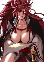  amputee baiken big_hair black_kimono breasts cleavage eyepatch facial_tattoo female guilty_gear guilty_gear_xrd japanese_clothes katana kimono large_breasts long_hair multicolored_clothes multicolored_kimono one-eyed open_clothes open_kimono pink_hair ponytail red_eyes samurai scar scar_across_eye scar_on_face solo sword tattoo torn_sleeve weapon yasunososaku 