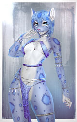  5_fingers absurd_res anthro armlet blue_body blue_eyes blue_hair blue_spots bracelet breasts chest_tuft choker claws clothed clothing digital_media_(artwork) drjdfh felid feline female fingers front_view fur grey_body grey_fur hair hi_res inner_ear_fluff jewelry khajiit leopard looking_at_viewer m&#039;ria_(maks_hunt) mammal markings microsoft necklace pantherine silver_(metal) simple_background snow_leopard solo spots spotted_body spotted_fur standing the_elder_scrolls thigh_ring tuft white_body white_fur 