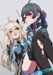  2girls absurdres black_necktie blonde_hair blush breasts c_civciv carrying collared_dress dress duel_monster gloves green_eyes grey_hair highres long_hair long_sleeves multiple_girls necktie open_mouth princess_carry red_eyes sky_striker_ace_-_raye sky_striker_ace_-_roze thighhighs two-tone_dress yu-gi-oh! yuri 