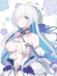  absurdres armpit_crease azur_lane bare_shoulders blue_eyes blue_hair braid breasts brennus_(azur_lane) center_opening colored_inner_hair cross cross_earrings dress dress_flower earrings elbow_gloves female flower gloves hair_over_one_eye highres jewelry large_breasts long_hair looking_at_viewer multicolored_hair navel parted_lips purple_flower rate_world_mk1 solo stomach upper_body white_dress white_gloves white_hair 