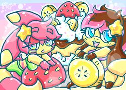  anthro banana blue_eyes brown_hair clothed clothing cream_(food) duo female food fruit furret generation_2_pokemon generation_6_pokemon hair helioptile hi_res lewdchuu_(artist) nintendo partially_clothed pink_hair plant pokemon pokemon_(species) pyon_(lewdchuu) shiny_pokemon star strawberry yellow_body 