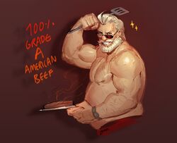  1boy bara beard biceps big_belly blonde_hair cooking cropped_legs facial_hair fat fat_man food from_side full_beard goldlewis_dickinson grin guilty_gear holding holding_spatula looking_at_viewer male_focus mature_male muscular muscular_male pectorals smile solo sparkle sparse_arm_hair sparse_chest_hair spatula standing steak sunglasses thick_beard thick_eyebrows topless_male tsurime zetta_aznec 