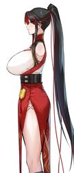  back bare_back bare_legs belt black_hair breasts chinese_clothes dawalixi female from_side gauntlets hair_tie hand_on_own_hip highres large_breasts long_hair multicolored_hair original pelvic_curtain red_eyes standing streaked_hair very_long_hair white_background 