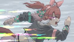  ahoge animal_ears brown_eyes brown_hair dantsu_flame_(umamusume) ear_covers female from_side glowing glowing_eyes hairband highres horse_ears horse_girl horse_tail midriff motion_blur multicolored_hair nenbutsu_0416 open_mouth pink_hairband running solo tail tail_through_clothes two-tone_hair umamusume umamusume:_beginning_of_a_new_era white_hair yellow_eyes 