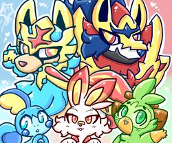  ambiguous_gender anthro blue_body blue_eyes crowned_shield_zamazenta crowned_sword_zacian generation_8_pokemon green_body green_eyes grookey group hi_res legendary_pokemon lewdchuu_(artist) melee_weapon nintendo pokemon pokemon_(species) red_eyes scorbunny sobble sword sword_in_mouth weapon white_body zacian zamazenta 