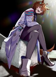  agnes_tachyon_(umamusume) ahoge animal_ears black_necktie brown_hair chemical_structure cork crossed_legs earrings female from_below hair_between_eyes high_heels highres horse_ears horse_girl horse_tail jewelry lab_coat lens_flare necktie qing_(sankakuosushi) red_eyes short_hair short_necktie single_earring sitting solo sugar_cube sweater sweater_vest tail test_tube twitter_username umamusume umamusume:_beginning_of_a_new_era white_footwear yellow_sweater yellow_sweater_vest 