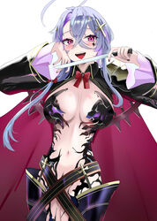  absurdres ahoge azur_lane black_nails blush breasts cape center_opening cross_hair_ornament crossed_bangs facial_mark female foch_(azur_lane) foch_(meta)_(azur_lane) hair_ornament hands_up highres holding holding_knife knife large_breasts long_bangs medium_hair mianbaoren navel open_mouth pink_eyes purple_hair red_cape red_ribbon revealing_clothes ribbon simple_background smile solo stomach white_background 