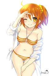  ahoge bad_id bad_pixiv_id bikini breasts dress_shirt fate/grand_order fate_(series) female fujimaru_ritsuka_(female) fujimaru_ritsuka_(female)_(brilliant_summer) himaya leaning_forward official_alternate_costume one_eye_closed one_side_up open_clothes open_shirt orange_bikini orange_eyes orange_hair shirt signature simple_background small_breasts solo striped_bikini striped_clothes swimsuit thigh_gap white_background 