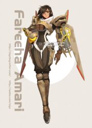  alternate_costume artist_name belt brown_eyes brown_hair character_name dark_skin facial_tattoo full_body headwear_removed helmet helmet_removed highres mechanical_wings overwatch pharah_(overwatch) power_armor security_chief_pharah short_hair simple_background solo tattoo wings ziyo_ling 