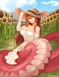  :d bad_link bare_shoulders breasts cleavage coiled commission day dress female field flower flower_field hair_between_eyes hand_on_headwear hand_on_own_hip hat hat_ornament highres jewelry lamia large_breasts long_hair miia_(monster_musume) monster_girl monster_musume_no_iru_nichijou open_mouth outdoors pointy_ears puffy_short_sleeves puffy_sleeves red_hair ring scales short_sleeves sitting slit_pupils smile solo sookmo sundress sunflower sunflower_field unworn_hat unworn_headwear wedding_ring white_dress yellow_eyes 