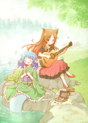  2girls animal_ears arinu bird blue_hair blush book book_stack brown_hair bug butterfly closed_eyes commentary_request crossed_legs drill_hair fins green_kimono guitar hands_on_own_chest head_fins highres imaizumi_kagerou instrument japanese_clothes jewelry_box kimono long_hair mermaid monster_girl multiple_girls music obi open_mouth partially_submerged red_eyes red_footwear red_skirt rock sash shoes singing sitting sitting_on_rock skirt smile touhou wakasagihime water wolf_ears 