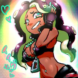  1:1 2017 animal_humanoid breasts cephalopod cephalopod_humanoid chromatic_aberration cleavage clothed clothing dark_body dark_skin female fingerless_gloves gloves green_eyes hand_on_breast handwear humanoid jacket marina_(splatoon) marine marine_humanoid markings mole_(marking) mollusk mollusk_humanoid navel navel_piercing navel_stud nintendo octarian octoling piercing pseudo_hair smile solo splatoon sting_chameleao suction_cup tentacle tentacle_hair topwear 