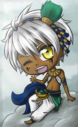  1boy bes bes_(mirage_noir) chibi dark egyptian feathers feathers gold_eyes hairband highres mirage_noir skin solo white_hair yellow_eyes 