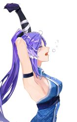  ahoge armpits arms_up asymmetrical_arms bandaged_arm bandages blush breasts closed_eyes dragon_girl female from_side head_wings highres large_breasts long_hair medium_hair nijisanji nijisanji_en oerba_yun_fang official_alternate_costume purple_hair purple_wings selen_tatsuki selen_tatsuki_(2nd_costume) sideboob skin_fang sleepy solo stretching tcell0 virtual_youtuber white_background wings 