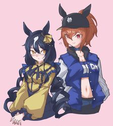  2girls ? animal_ears baseball_bat black_hair black_headwear blue_choker blue_jacket blush breasts brown_hair choker cleavage clover clover_ornament clueless collarbone commentary crop_top curly_hair daiwa_major_(racehorse) dance_in_the_mood_(racehorse) drill_hair ear_ornament eyes_visible_through_hair fang_out four-leaf_clover frilled_shirt_collar frills fur-trimmed_jacket fur_trim genderswap_(mtf) hair_between_eyes hands_in_pockets highres horse_ears horse_girl initial jacket letterman_jacket long_hair long_sleeves midriff multiple_girls navel obushideian oerba_yun_fang open_clothes open_jacket original personification pink_background puffy_long_sleeves puffy_sleeves red_eyes rivals rule_63 shirt sideways_glance simple_background skin_fang tank_top twin_drills umamusume upper_body very_long_hair white_hair yellow_eyes yellow_shirt 