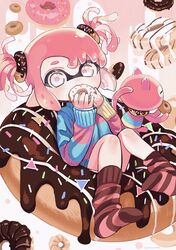  amezawa_koma black_socks blue_sweater commentary doughnut doughnut_hair_ornament eating female food food-themed_hair_ornament grey_eyes hair_ornament highres holding holding_food inkling inkling_girl inkling_player_character jellyfish_(splatoon) looking_at_viewer loose_socks multicolored_clothes multicolored_sweater oversized_food oversized_object pink_hair pink_socks pink_sweater pointy_ears short_hair short_twintails sitting socks solo splatoon_(series) striped_clothes striped_socks striped_sweater sweater tentacle_hair twintails 